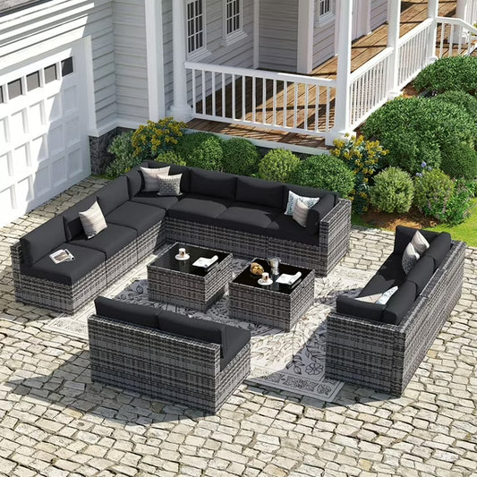 Sunmthink Patio Furniture Sets, 14-Piece Outdoor Patio Furniture with Thick Cushions, Wicker Outdoor Conversation Set and Waterproof Cover for Backyard, Poolside, Garden