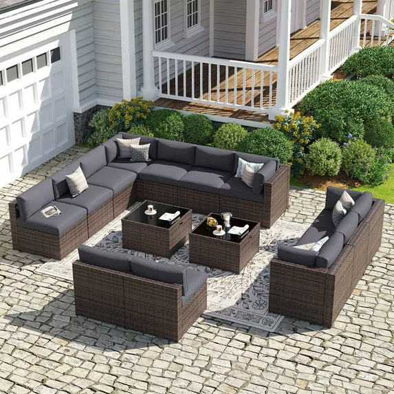 Sunmthink Patio Furniture Sets, 14-Piece Outdoor Patio Furniture with Thick Cushions, Wicker Outdoor Conversation Set and Waterproof Cover for Backyard, Poolside, Garden