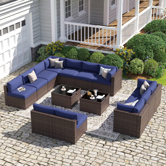 Sunmthink Patio Furniture Sets, 14-Piece Outdoor Patio Furniture with Thick Cushions, Wicker Outdoor Conversation Set and Waterproof Cover for Backyard, Poolside, Garden