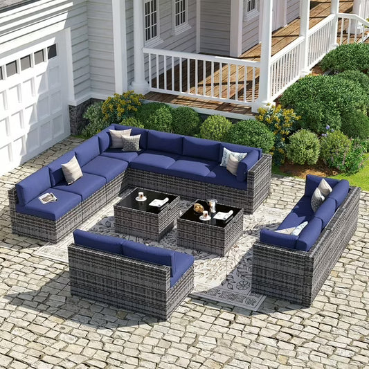 Sunmthink Patio Furniture Sets, 14-Piece Outdoor Patio Furniture with Thick Cushions, Wicker Outdoor Conversation Set and Waterproof Cover for Backyard, Poolside, Garden