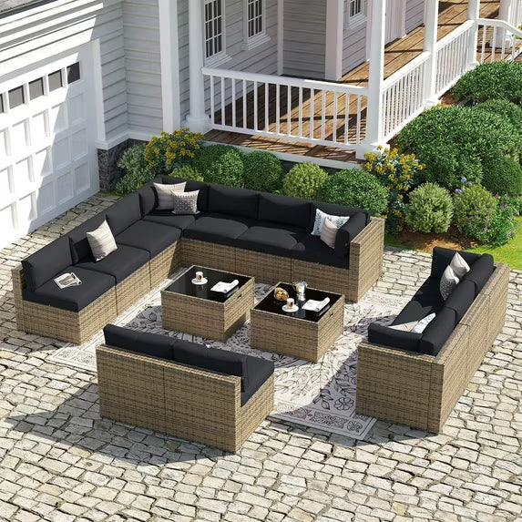 Sunmthink Patio Furniture Sets, 14-Piece Outdoor Patio Furniture with Thick Cushions, Wicker Outdoor Conversation Set and Waterproof Cover for Backyard, Poolside, Garden