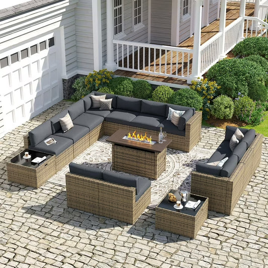 Sunmthink Patio Furniture Sets, 15-Piece Outdoor Patio Furniture with 44'' Propane Gas Firepit Table, Wicker Outdoor Conversation Set and Waterproof Cover for Backyard, Poolside, Garden