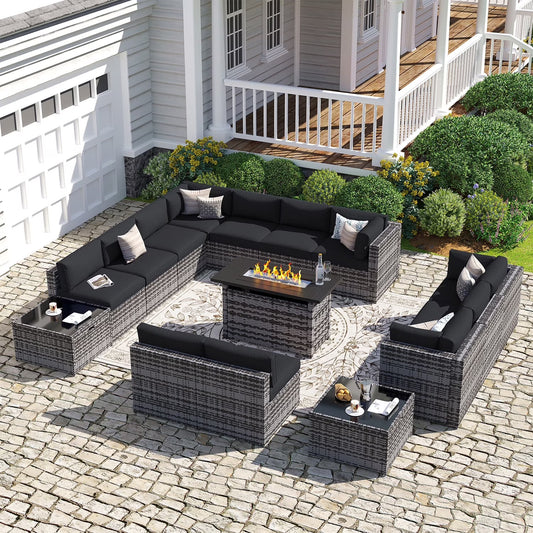 Sunmthink Patio Furniture Sets, 15-Piece Outdoor Patio Furniture with 44'' Propane Gas Firepit Table, Wicker Outdoor Conversation Set and Waterproof Cover for Backyard, Poolside, Garden