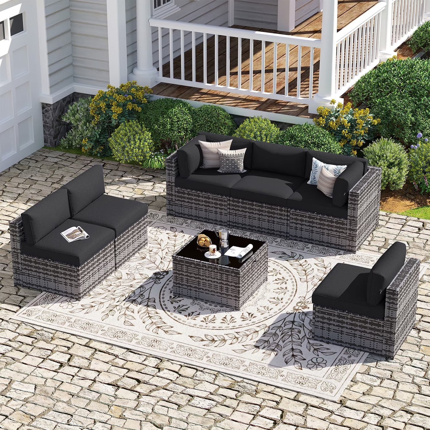 Sunmthink 7-Piece Wicker Patio Furniture Sets, Outdoor Conversation Set with 4 Inches Thick Cushions and Waterproof Cover