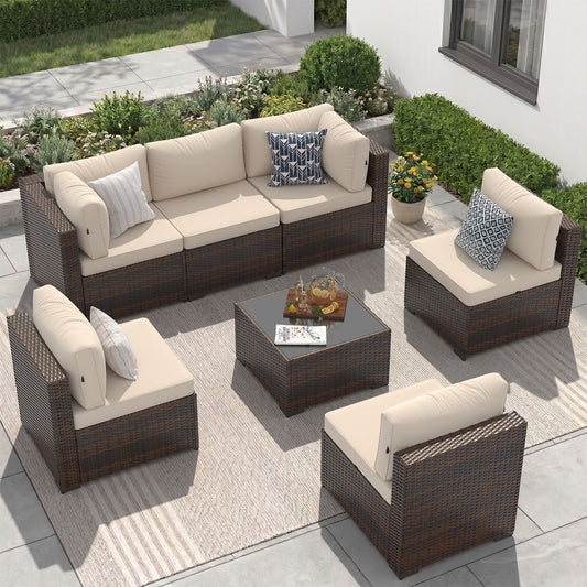 Sunmthink 7-Piece Wicker Patio Furniture Sets, Outdoor Conversation Set with 4 Inches Thick Cushions and Waterproof Cover