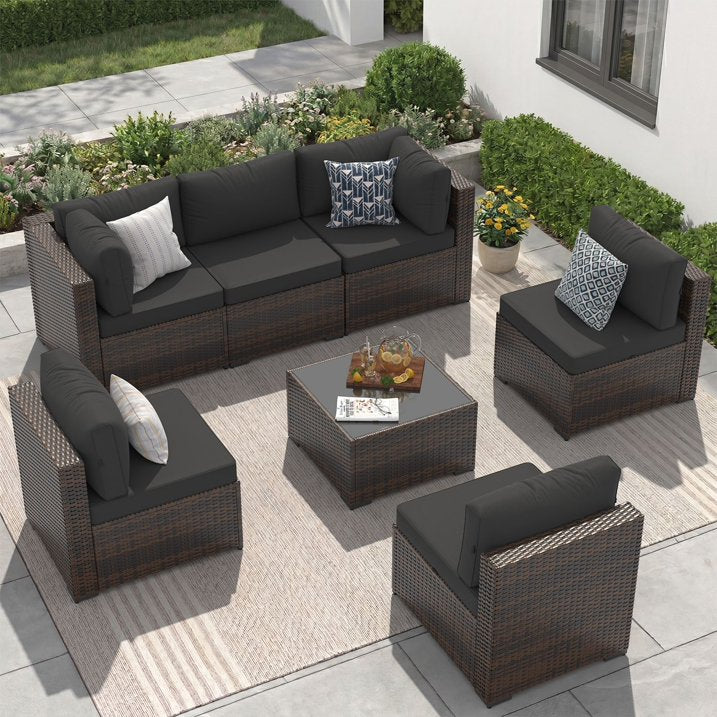 Sunmthink 7-Piece Wicker Patio Furniture Sets, Outdoor Conversation Set with 4 Inches Thick Cushions and Coffee Table