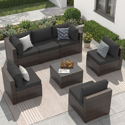 Sunmthink 7-Piece Wicker Patio Furniture Sets, Outdoor Conversation Set with 4 Inches Thick Cushions and Coffee Table