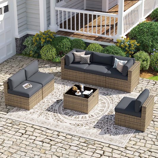 Sunmthink Patio Furniture Sets, 7-Piece Outdoor Patio Furniture with Thick Cushions, Wicker Outdoor Conversation Set and Waterproof Cover for Backyard, Poolside, Garden