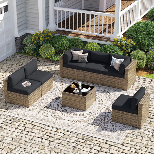 Sunmthink Patio Furniture Sets, 7-Piece Outdoor Patio Furniture with Thick Cushions, Wicker Outdoor Conversation Set and Waterproof Cover for Backyard, Poolside, Garden
