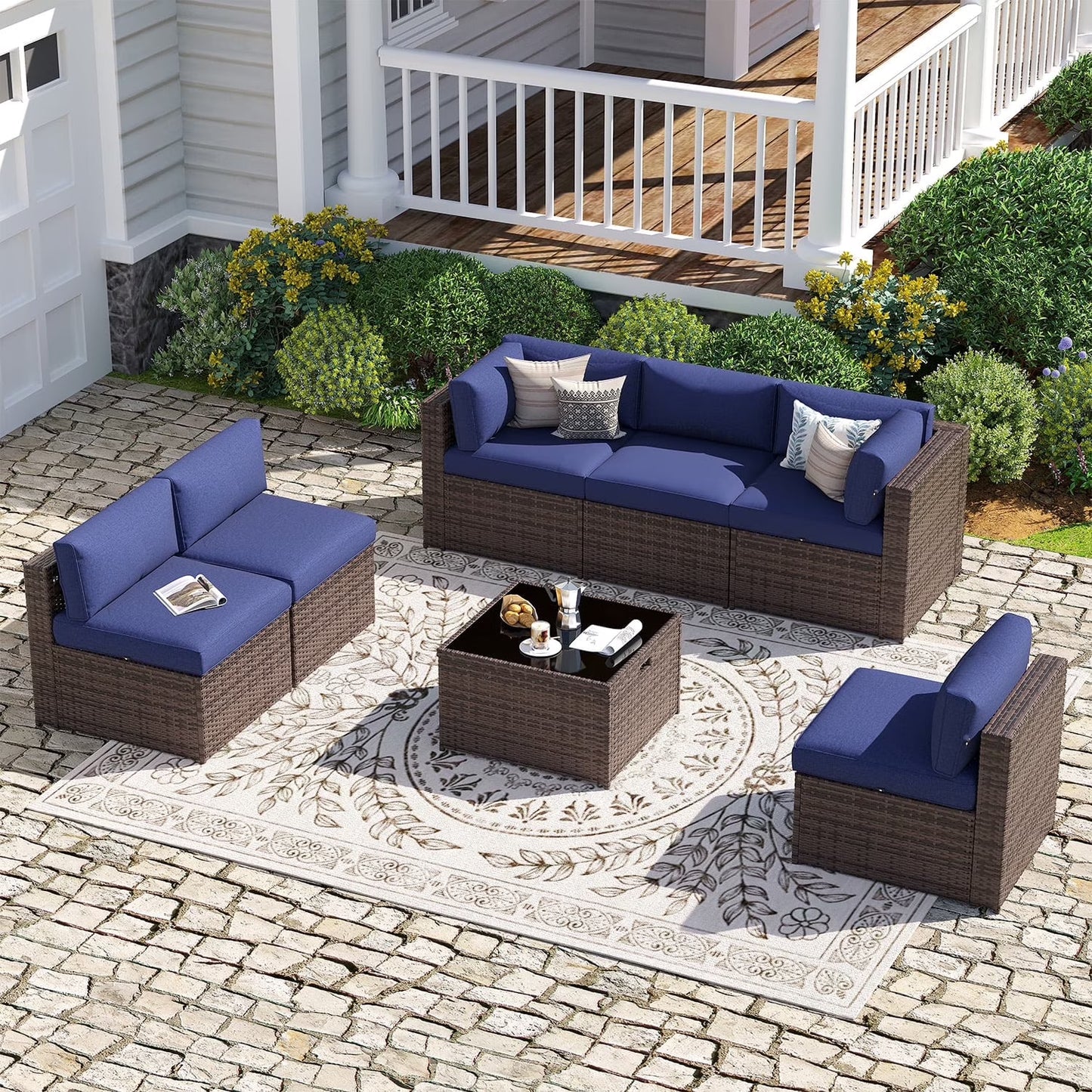 Sunmthink 7-Piece Wicker Patio Furniture Sets, Outdoor Conversation Set with 4 Inches Thick Cushions and Waterproof Cover