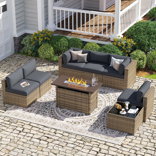 Sunmthink Patio Furniture Sets, 8-Piece Outdoor Patio Furniture with 44'' Propane Gas Firepit Table, Wicker Outdoor Conversation Set and Waterproof Cover for Backyard, Poolside, Garden