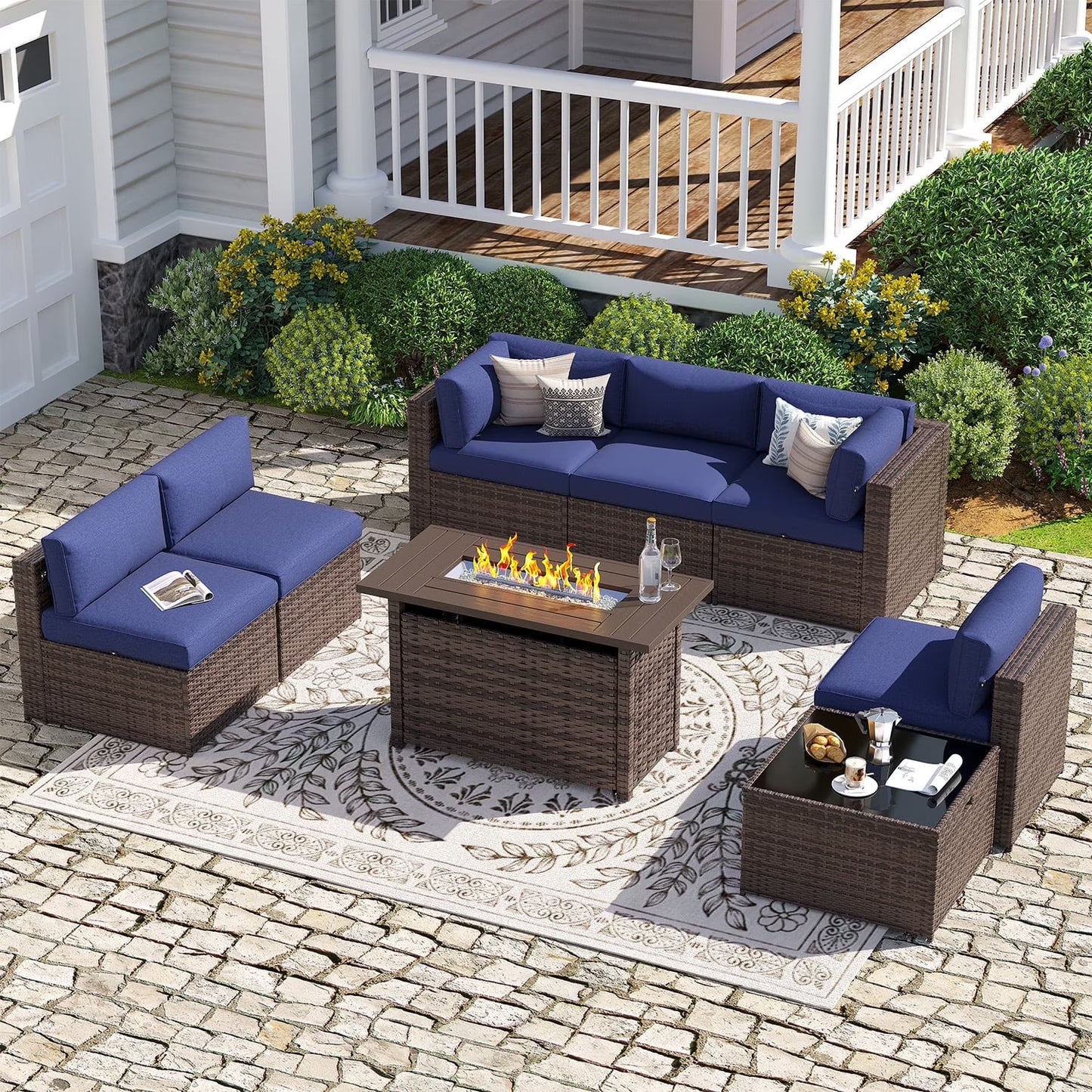 Sunmthink 8-Piece Outdoor Patio Furniture, Patio Furniture Sets with Fire Pit, Wicker Outdoor Conversation Set and Waterproof Cover