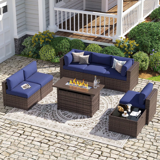 Sunmthink Patio Furniture Sets, 8-Piece Outdoor Patio Furniture with 44'' Propane Gas Firepit Table, Wicker Outdoor Conversation Set and Waterproof Cover for Backyard, Poolside, Garden