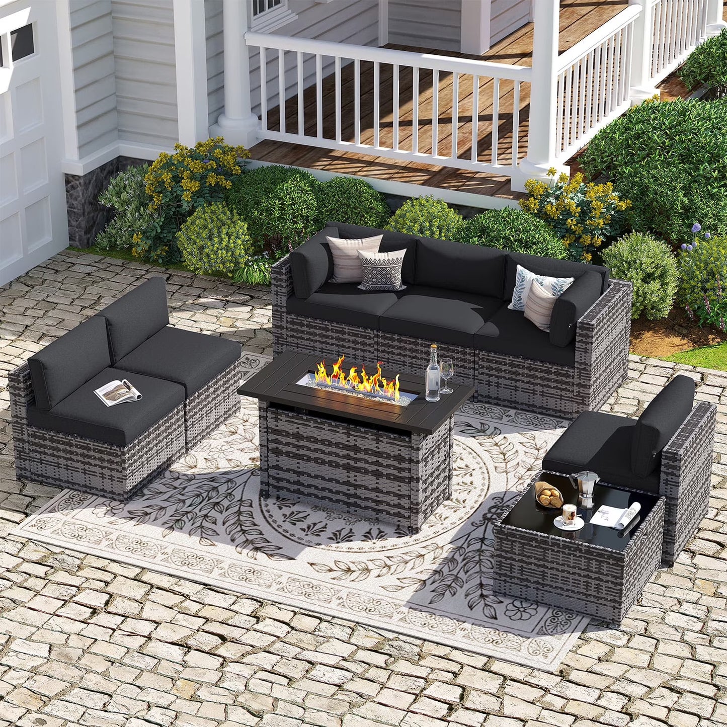 Sunmthink Patio Furniture Sets, 8-Piece Outdoor Patio Furniture with 44'' Propane Gas Firepit Table, Wicker Outdoor Conversation Set and Waterproof Cover for Backyard, Poolside, Garden