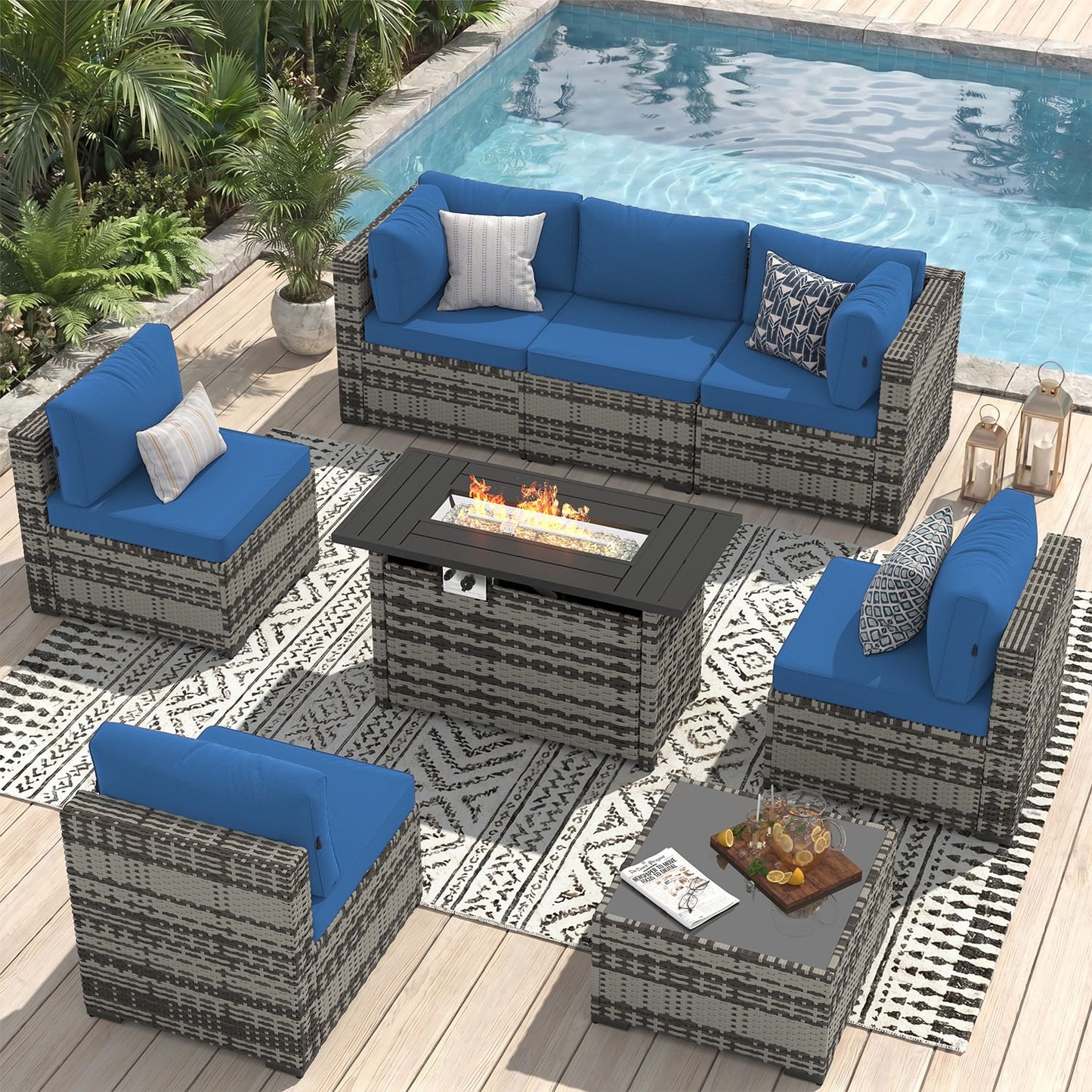 Sunmthink 8-Piece Outdoor Patio Furniture, Patio Furniture Sets with Fire Pit, Wicker Outdoor Conversation Set and Waterproof Cover