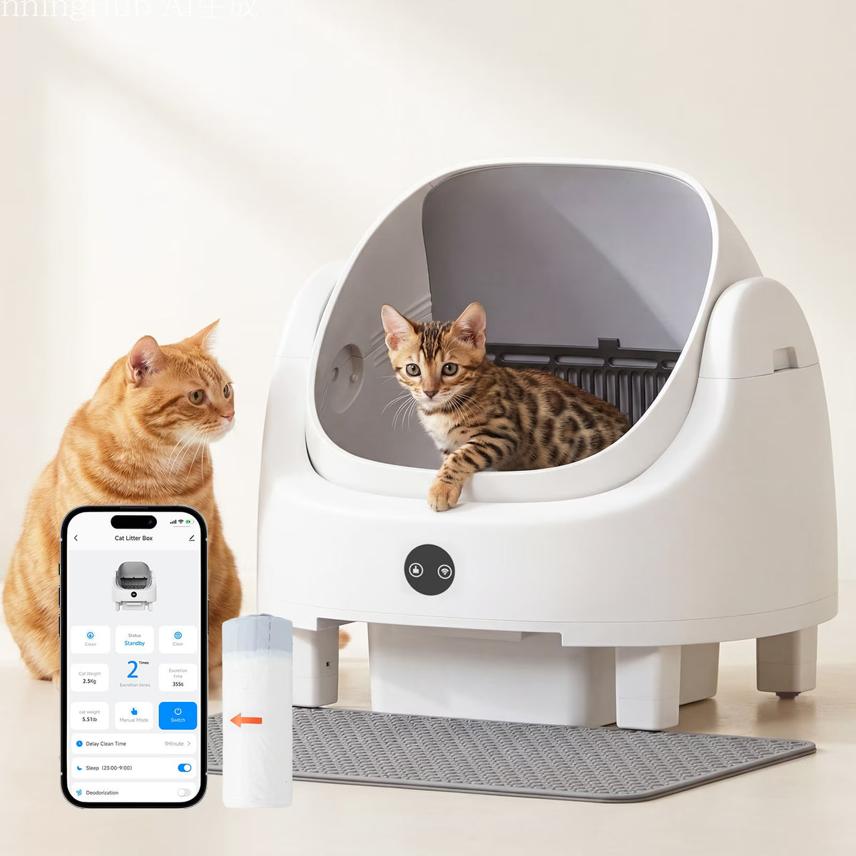 Dateyes Open Top Self-Cleaning Cat Litter Box, Smart App Control with Safety Sensors, Includes Litter Mat & Odor Fragrance Box, White