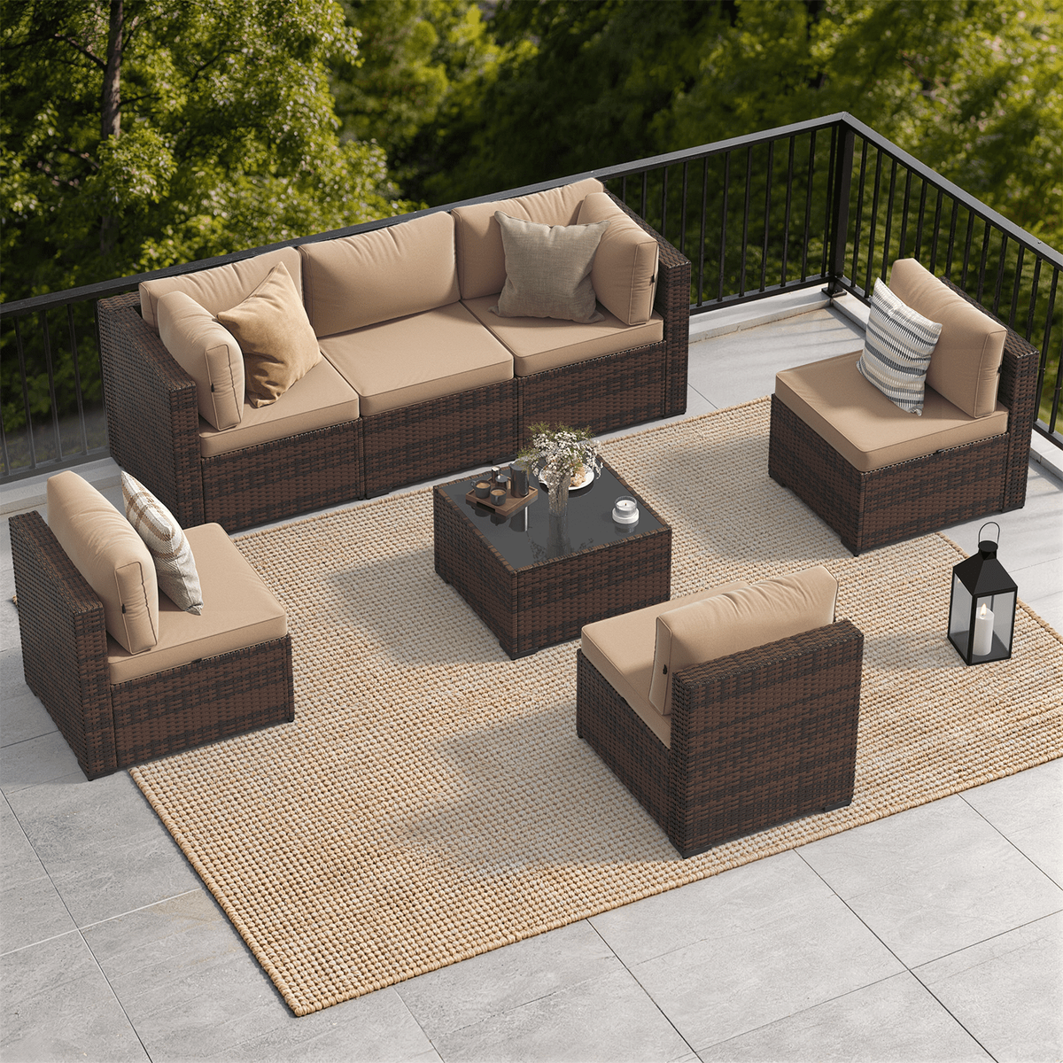 Dateyes 7-Piece Outdoor Patio Sectional Sofa Set, All-Weather Wicker Rattan Furniture with Coffee Table (Beige)