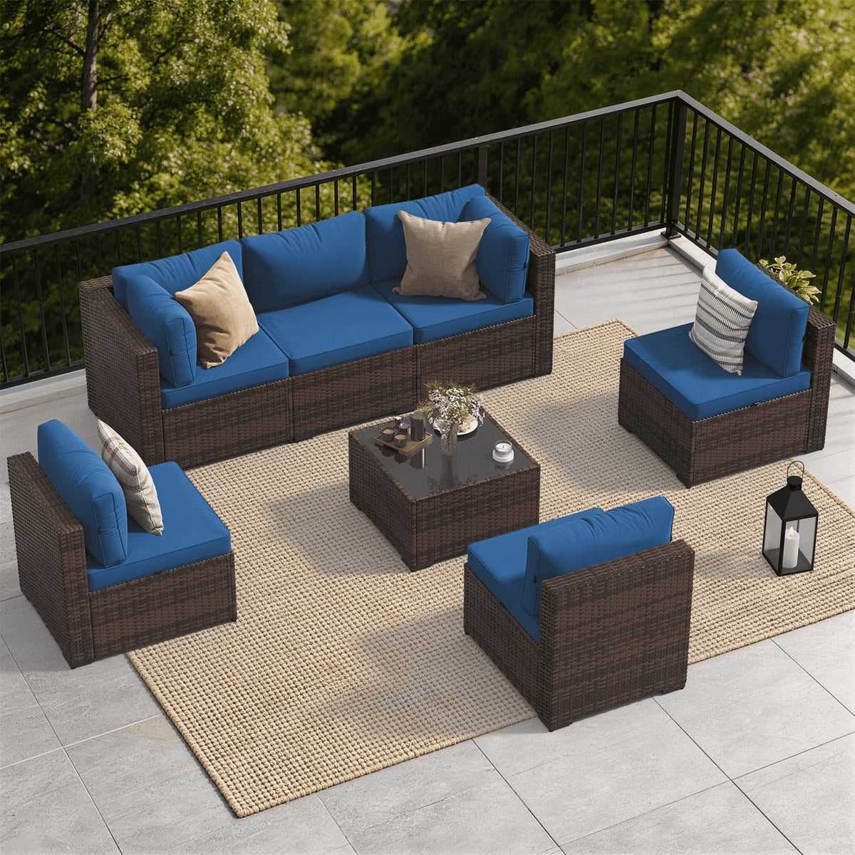 Dateyes 7-Piece Outdoor Patio Sectional Sofa Set, All-Weather Wicker Rattan Furniture with Coffee Table (Blue)