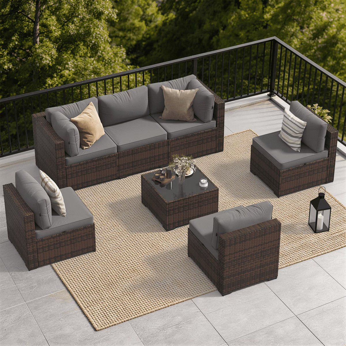 Dateyes 7-Piece Outdoor Patio Sectional Sofa Set, All-Weather Wicker Rattan Furniture with Coffee Table (Grey)
