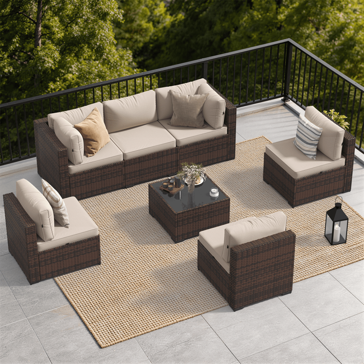 Dateyes 7-Piece Outdoor Patio Sectional Sofa Set, All-Weather Wicker Rattan Furniture with Coffee Table & Waterproof Cover (Off-White)