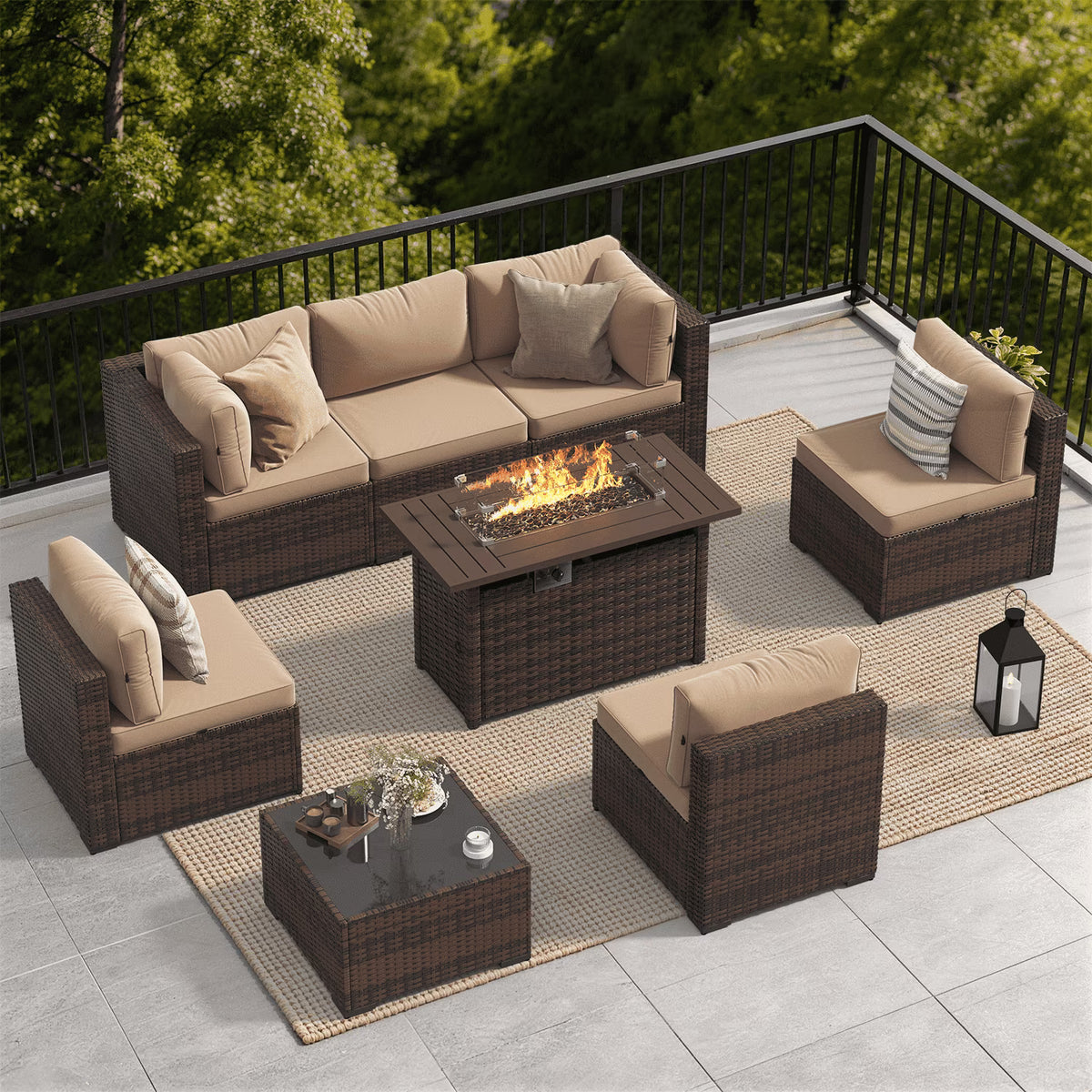 Dateyes 8-Piece Outdoor Patio Furniture Set with 44" Fire Pit Table, All-Weather Wicker Rattan Sectional Sofa with Coffee Table(Beige)