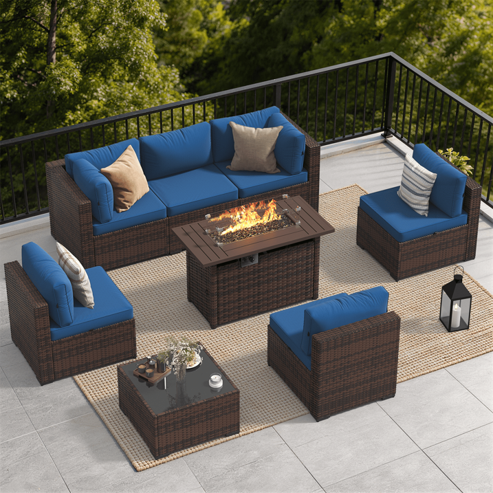 Dateyes 8-Piece Outdoor Patio Furniture Set with 44" Fire Pit Table, All-Weather Wicker Rattan Sectional Sofa with Coffee Table(Blue)