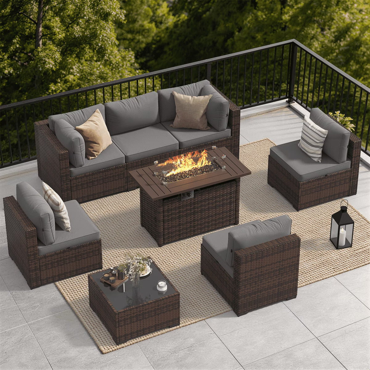 Dateyes 8-Piece Outdoor Patio Furniture Set with 44" Fire Pit Table, All-Weather Wicker Rattan Sectional Sofa with Coffee Table(Grey)