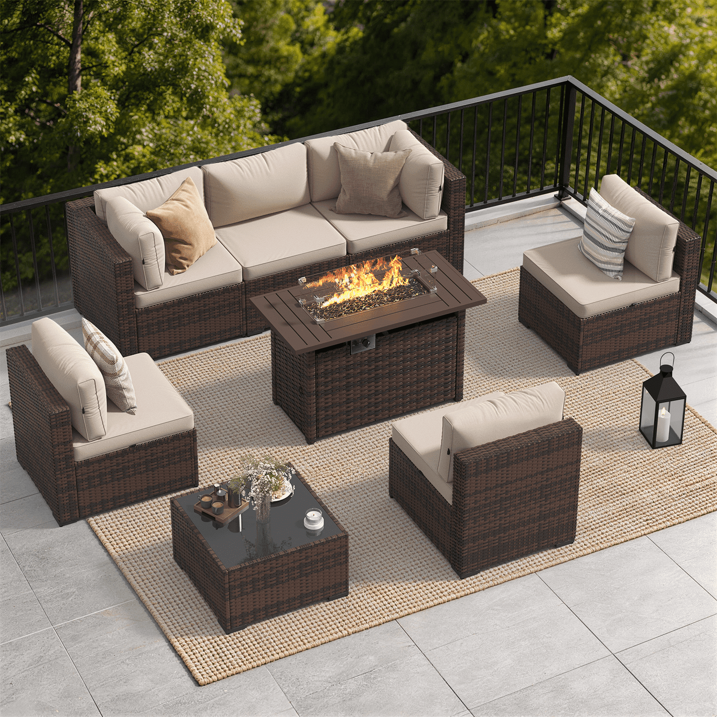 Dateyes 8-Piece Outdoor Patio Furniture Set with 44" Fire Pit Table, All-Weather Wicker Rattan Sectional Sofa with Coffee Table & Cover (Off-White)