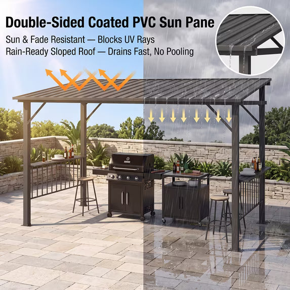 Clouddwell 12'x6' Permanent Metal Gazebo,Outdoor BBQ Canopy with Sloping Steel Roof, Grill Shelter with 2 Side Shelves and Hooks for Patio, Backyard, Deck