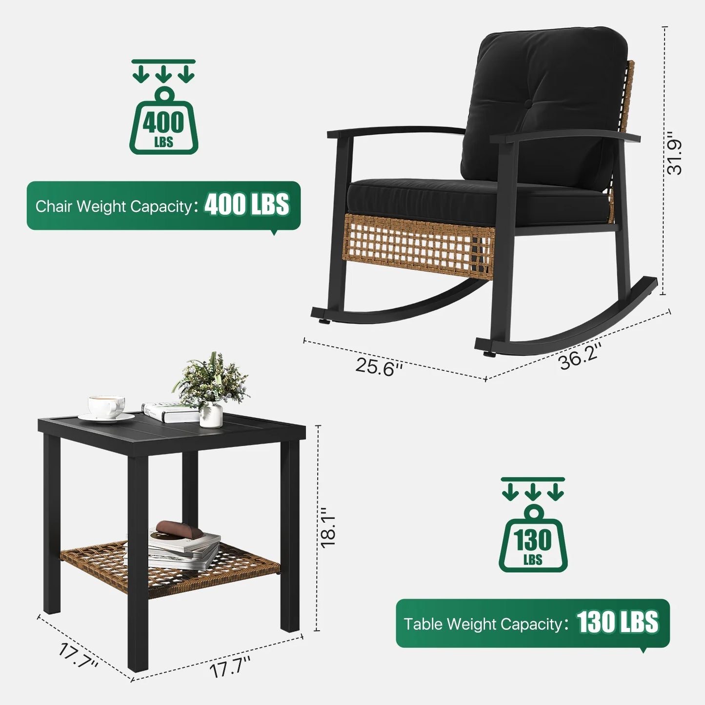 Clouddwell 3-Piece Patio Furniture Set,Steel Rocking Chair with Comfortable Cushions and Coffee Table.for Garden,Yard Black