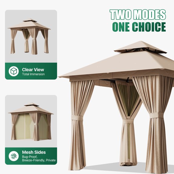 Clouddwell 8'x 8' Patio Gazebo Double Roof Protection All-Weather Outdoor Shelter Features Insect Screens & Privacy Curtains Ideal for Backyard, Lawn, (Beige)