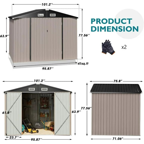 Sunmthink Lockable Metal Garden Storage Shed, 77.17" x 101.57" x 67.72", Brown