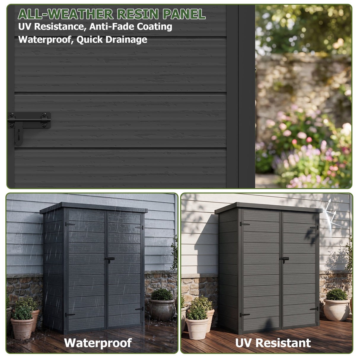 Dateyes 4.4X2.2 FT Resin Outdoor Storage Shed, 48 Cu.ft Waterproof Plastic Storage Sheds with Floor, Weather-Resistant Vertical Outdoor Storage Cabinet with Lockable Doors, Black