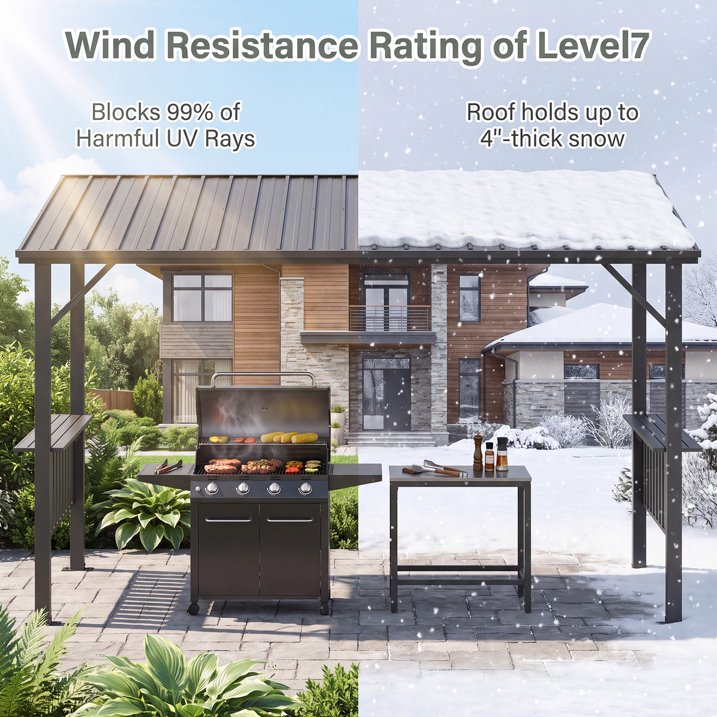 Clouddwell 12'x6' Permanent Metal Gazebo,Outdoor BBQ Canopy with Sloping Steel Roof, Grill Shelter with 2 Side Shelves and Hooks for Patio, Backyard, Deck