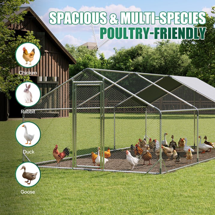 Clouddwell Large Metal Chicken Coop Duck House with Waterproof Spire Roof, Outdoor Poultry Walk-in Run Cage - 9.8' L x 19.7' W x 6.4' H
