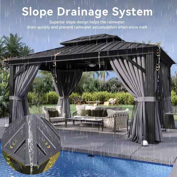 Aoxun 10'x12' Hardtop Gazebo, Aluminum Frame Canopy with Double Galvanized Steel Roof, Outdoor Metal Pavilion with Netting, and LED Outdoor Waterproof Hanging Lights