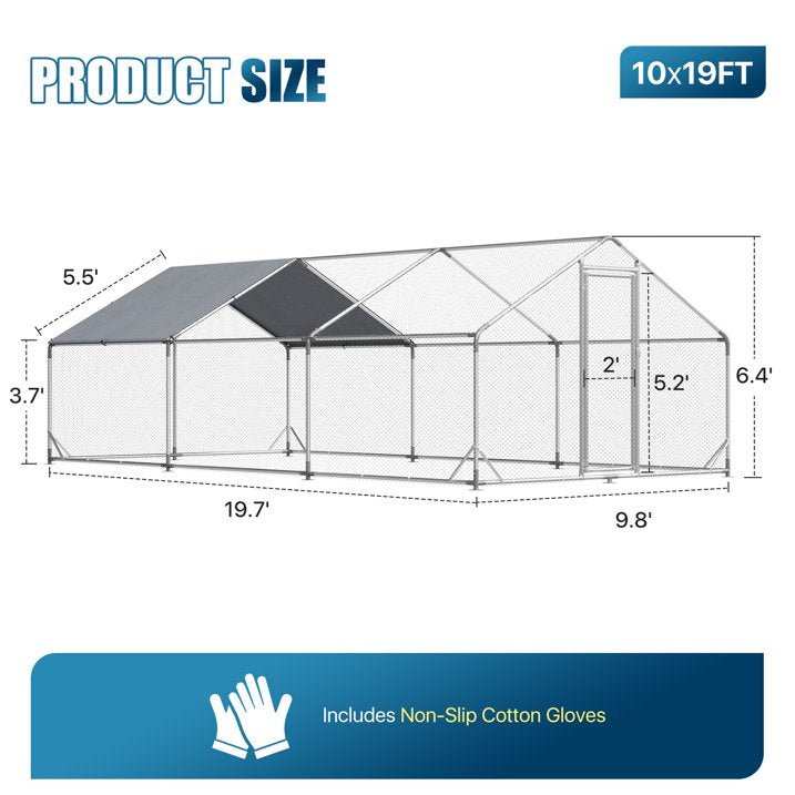 Sunmthink Heavy Duty Metal Chicken Coop Poultry Cage, Large Outdoor Yard Walk-in Enclosure with Waterproof Flat Roof Cover (9.8' L x 19.7' W x 6.4' H)