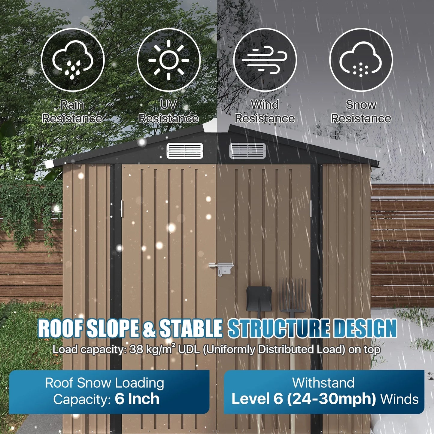 Sunmthink 6 x 4 ft Outdoor Storage Shed with Vents and Double door, Brown, with Base