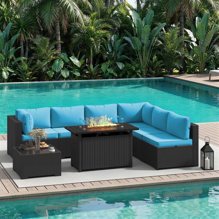Dateyes 8-Piece Patio Furniture Set with Fire Pit, All-Weather Wicker Rattan Outdoor Sectional Sofa Set with Coffee Table (Blue)