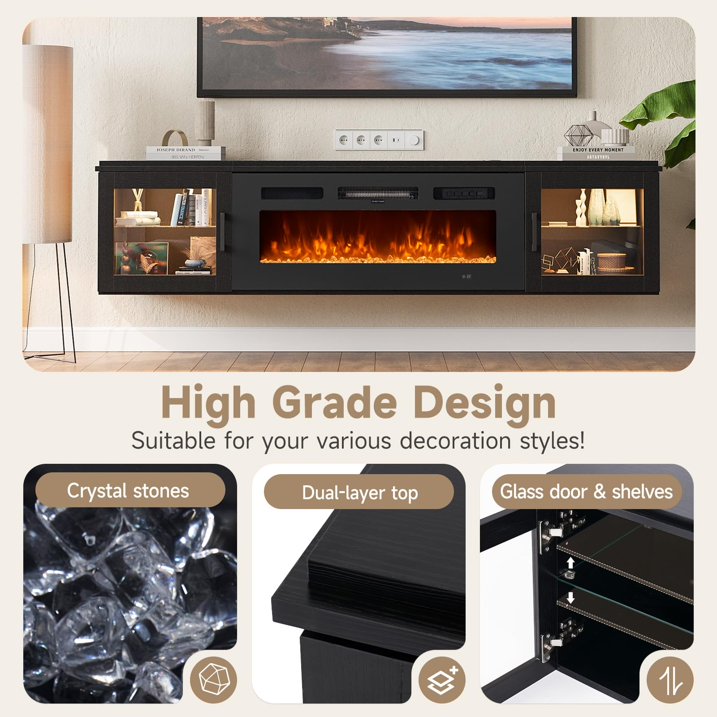 Sunmthink Floating TV Stand with 36" Electric Fireplace, High Gloss Finish Wall Mounted Fireplace Entertainment Center with Storage for TVs Up to 80", Black