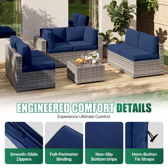 Clouddwell 14-Piece Premium Outdoor Cushion Set, High-Resilience Waterproof Cushions for 6-Seat Wicker Sectional, Comfort Upgrade (Navy Blue)