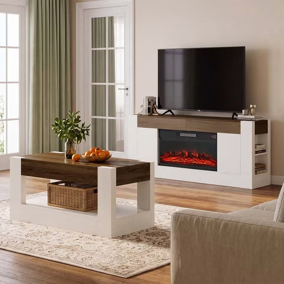 Sonergra Farmhouse Fireplace TV Stand for TVs up to 80 Inch Rustic Wood,70 Inch Electric Fireplace Entertainment Center with Drawers Cabinets and Open Storage Shelves for Living Room,White