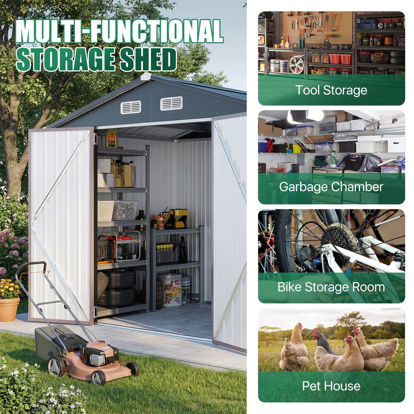 Clouddwell 8 x 6 FT Shed Outdoor Storage Shed with Double Hinged Large Door, Large Metal Shed with Lockable Door & Sloped Roof for Garden, Patio and Backyard, Brown