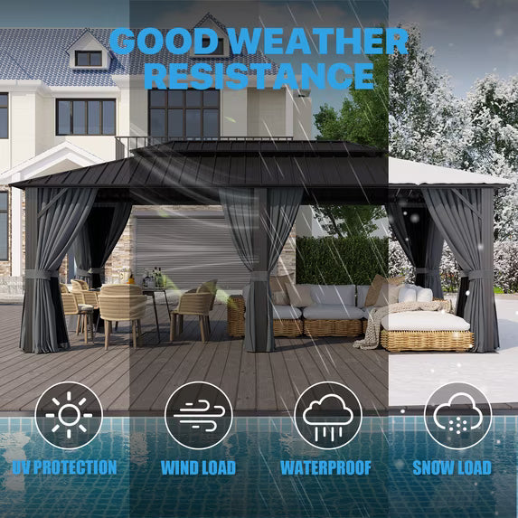 Dateyes 12' x 20' Hardtop Gazebo with Double Roof, Outdoor Gazebo for Patio, Lawn and Garden, Includes Netting and Curtains, Gray