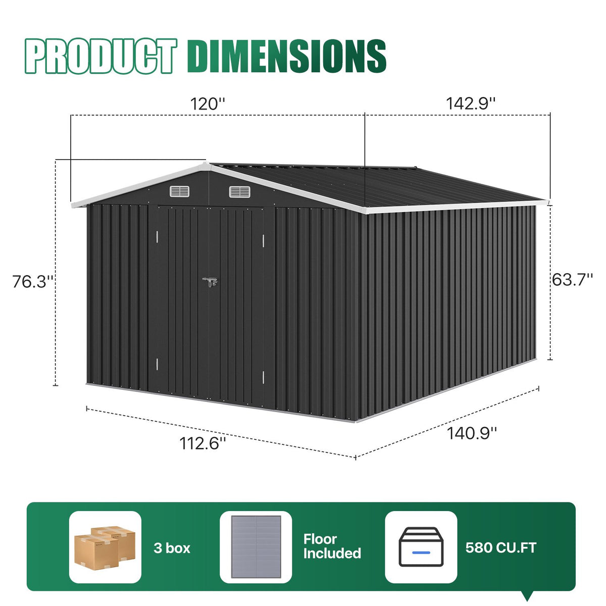 Clouddwell 10x12 FT Outdoor Metal Storage Shed with Floor (12mm PP Floor) & Double Doors for Patio, Backyard - Black