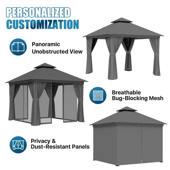 Sunmthink Outdoor Gazebo for Patio 10'x10', Metal Frame Canopy with Double Roofs, Heavy Duty Party Tent and Shelter with Mosquito Netting and Privacy Screen for Backyard,Garden,Deck (Gray)