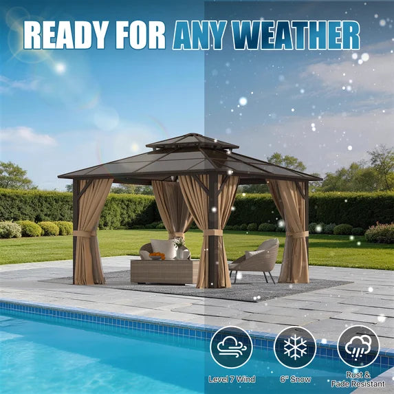 Sunmthink 12' x 12' Hardtop Gazebo,Polycarbonate Double Roof,Aluminum Frame with Curtains and Netting for Patio,Garden,Brown