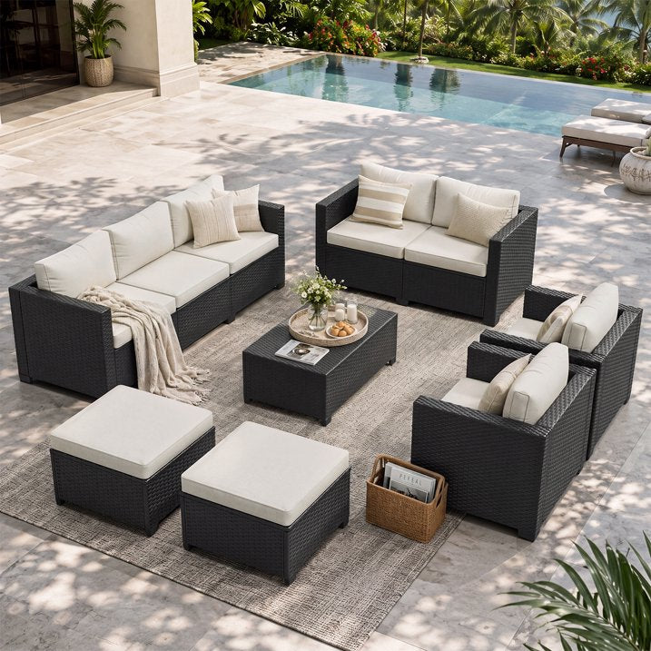 Clouddwell 9 Seats Patio Furniture Set with Storage Coffee Table, All Weather Wicker Outdoor Sectional With Thickened Cushion and Waterproof Cover, Beige