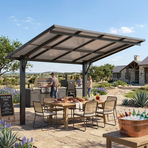 Dateyes 10'x8' Freestanding Hardtop Gazebo Pergola Heavy Duty Patio Carport with Multi Wall Polycarbonate Roof, Wall Mounted Awning for Decks, Weatherproof & Low Maintenance