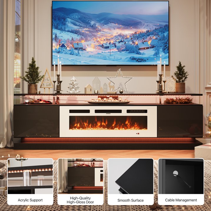 Sonegra Modern Fireplace TV Stand for TVs Up to 80" with Music Sync LED, 70" Entertainment Center with Electric Fireplace, TV Console with Storage Cabinets for Living Room, Black